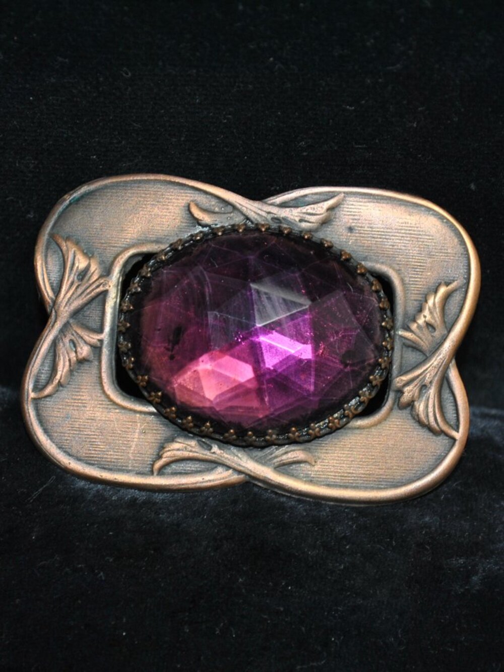 Antique Art Nouveau Sash Pin / Brooch with Foil Back Amethyst Glass